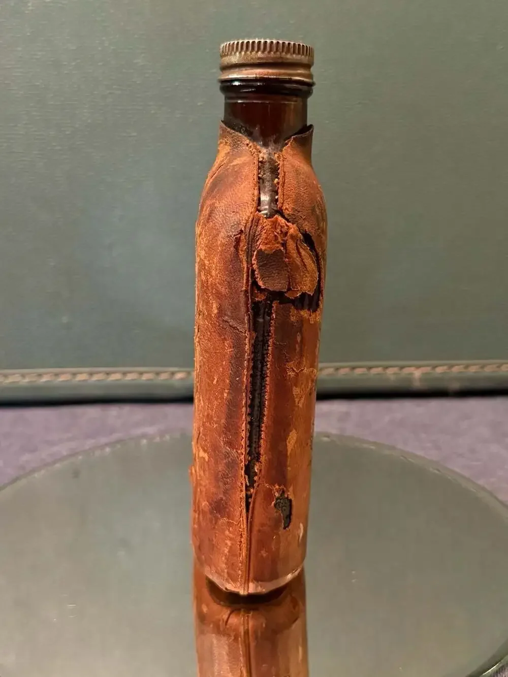 Vintage Prohibition-Era Leather-Wrapped Amber Glass Flask